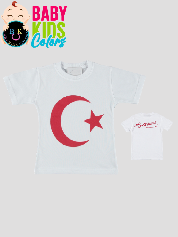 Düz renk Bayrak ve Atatürk imza baskılı t-shirt